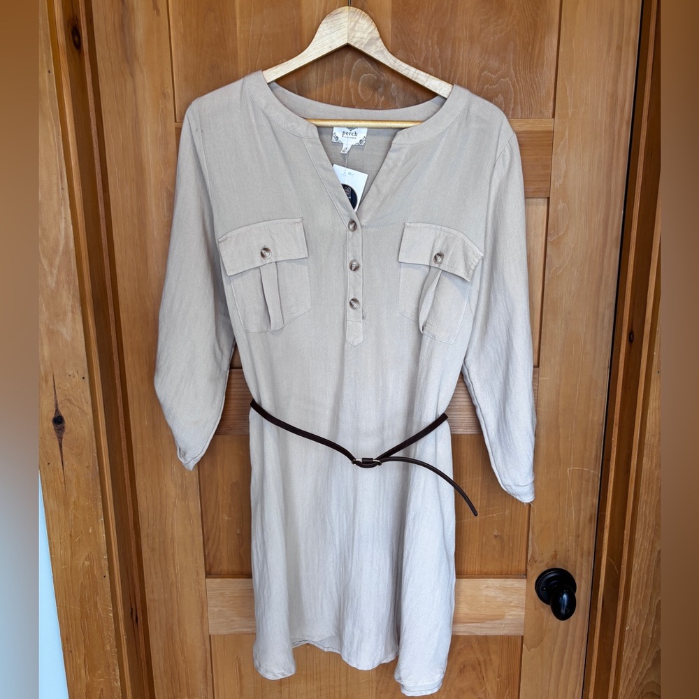 Perch Chic Beige Long Sleeve Utility Shirt Dress with Belt NWT